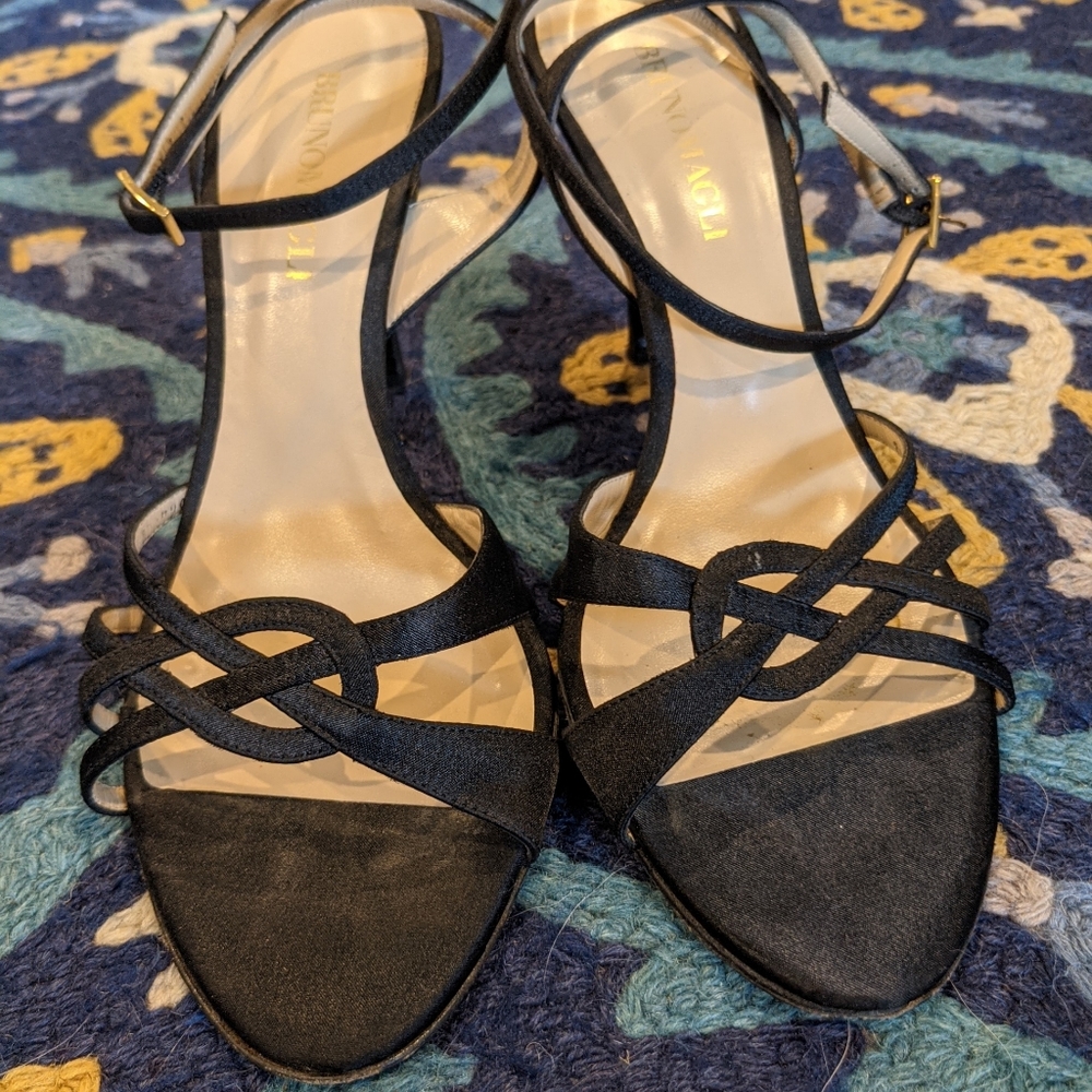 Elegant Black Satin Bruno Magli Ankle Strap Heels